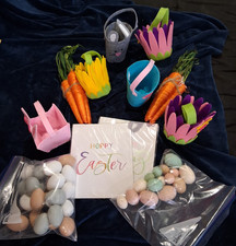 Easter Decor Lot NWOT Decorative Speckled Eggs Felt Baskets Carrots Signs picture