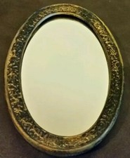 Vtg Hand Mirror Faux wood frame Vanity lipstick mirror oval picture