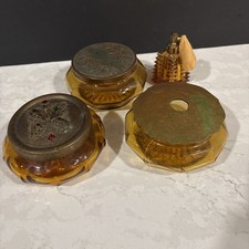 Vintage 1930s Amber Glass Vanity Lot Powder Jars, Hair Receiver, Atomizer picture