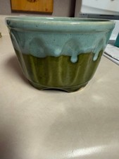 Vintage McCoy Pottery Drip Glaze Footed Planter Bowl – MCM Seafoam & Olive Green picture