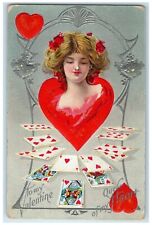 c1910's Valentine Pretty Woman Big Heart Cards Gambling Embossed Posted Postcard picture