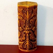 Boho Carved Wax Pillar Candle Hexagon Faux Wood Floral & Leaf Folk Art Design picture