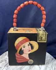 Handmade Cigar Box Purse Lined Handpainted Brass Hardware Bead Handle picture