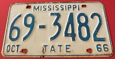 Vintage 1966 Mississippi License Plate 69-3482 Tate County Senatobia Coldwater picture