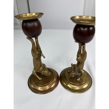 Arthur Court 1977 Brass Wood Dog Rabbit Handstand Candle Holders Pair Vintage picture