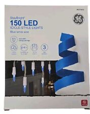 GE StayBright 150 Icicle Light String Holiday Christmas Blue LED On White Wire picture