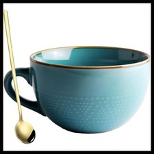 24 Oz Large Blue Ceramic Coffee Mug & Soup Bowl with Spoon - Elegant Gift picture