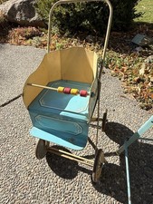 Vintage Blue & Beige Metal Toy Doll Stroller Baby Carriage Buggy w/ Canopy Tray picture