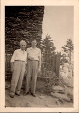 Vintage Photo 1940s 1950s Two Men Outdoor Stone Wall Fence Trees Snapshot picture