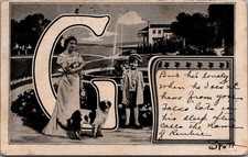 Vintage Letter G Postcard Boy Woman Dogs Fountain Sentimental Poem 1910s Alabama picture