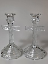 Pair Clear Glass Crucifix Cross Candle Holders Christian Religious Decor  picture