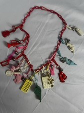 Vintage Retro 1980s Clip on Bell Charm Necklace Plastic Chain with 16 Charms picture