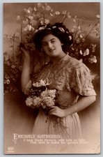vintage beautiful woman portrait w/Freshly Gathered flowers photo RPPC postcard picture