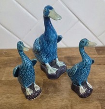 Set Of 3 , 1 Lg Japanese And 2 Sm Chinese Blue Porcelain Ducks Vintage picture