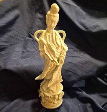 VTG White Glazed Porcelain Guanyin Figurine Lotus Flower Glossy 11 inch Homco picture
