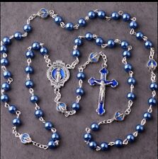 Catholic Blue Faux Pearl Glass Rosary Blue Enamel Crucifix Pater Bead Miraculous picture