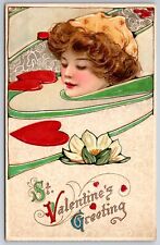 Schmucker Valentine~Lady Head Floats w/Hearts & Lily Pad~Art Nouveau Winsch~1910 picture