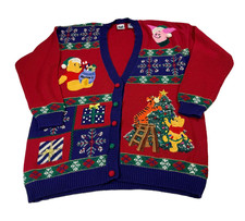 VTG 90s RARE Winnie The Pooh Sweater Cardigan Large Hand Knit THE DISNEY Catalog picture