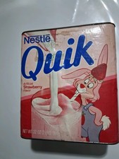 strawberry quik tin large vintage rare nestle bunny family size 1980s picture