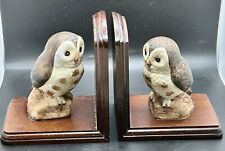 VINTAGE Pair Of Bookends Ceramic Brown OWL’s on Wooden Base Owl Bird  1970’s picture