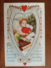c1913 Embossed Valentine, Cupid on toboggan, hearts, gilt, verse picture