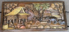 Vintage Hand Carved Panel Scene Of Traditional Village Life 12” X 25” picture