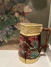 RARE Antique Majolica Pitcher English FOUR SIDED SQUARE TOP Round Bottom Floral picture