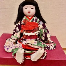 Ichimatsu Doll Japanese Antique Girl Sitting Furisode Purple Kimono Used picture