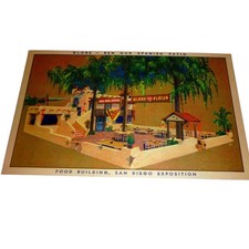 1935 San Diego Expo Linen Postcard Globe A1 Flour Ben-Hur Coffee Advertising picture