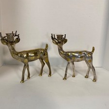 2 Shiny Brass and Silver Deer Taper Candle Holders • Heavy picture