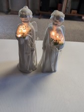 Vintage 1990 Set Of 2 Porcelain Angel Bride Figurine Light Up White Bisque... picture