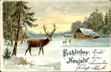 New Year's Deer in Snowy Forest Winter Landscape c1900s-10s Vintage Postcard picture