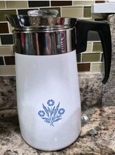 Vtg. 9 Cup White/Blue Floral Glossy w/ Black Handle Silver Rim Coffee Percolator picture