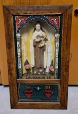 Antique THERESE of Lisieux Little Flower Shadow Box Shrine 1800s Laudamus Te  picture