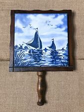 Vintage Blue White Tile And Dark Wood Trivet w Handle Sailboats MCM picture