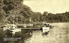 Saugatuck Michigan Kalamazoo River Antique Postcard 1910 Dock w. Tour Boat picture