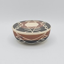 S Red Elk Sioux Pottery Lidded Bowl Geometric Native American Signed Trinket picture
