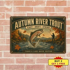 Trout Leaping River Autumn Fishing Scene Metal Sign Vintage Cabin Decor 8x12 picture