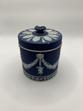ANTIQUE WEDGWOOD DARK BLUE JASPER LOVE TROPHIES RAMS HEADS TOBACCO JAR picture