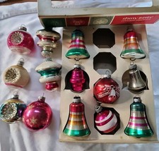 14 VTG Shiny Brite Double Indent Stencil Bell UFO Mica Glass Christmas Ornaments picture