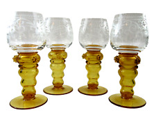 4 VTG THERESIENTHAL GERMANY ENGRAVED BIRDS AMBER hollow STEM Cordial WINE GLASS picture