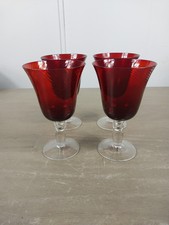  RUBY RED w/CLEAR Stem Wine Glasses, BELL Shape, (4) STUNNING, VINTAGE picture