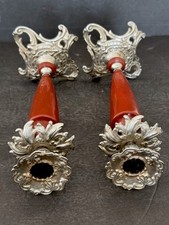 Vintage Ornate Pewter Candle Holder Set 2 Unique Distressed Brown Stem Taper 10” picture