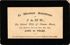 US Victorian 1871 Remembrance Mourning Card - Jane, beloved Wife of Thomas Hurst picture