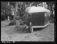 Photo:1930s Trailer Camp Woman Child Trees Rural Homestead Cabin picture