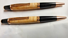Elegant custom made Burl wood w/copper trim Ballpoint Blue and Black Ink Pen Set picture