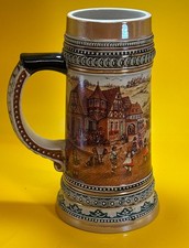 German Beer Stein Mug Handpainted Ceramic Bavarian Village Dancing EHG Vintage picture
