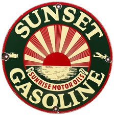 VINTAGE SUNSET GASOLINE PORCELAIN SIGN GAS STATION SUNRISE MOTOR OILS PUMP PLATE picture