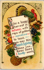 Vintage Postcard Thanksgiving Verse Harvest Fruits Turkey Design Purple Stamp picture