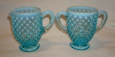 Vintage Fenton Art Glass Blue Opalescent Hobnail Creamer & Open Sugar Bowl Set picture